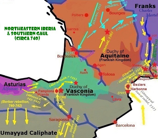 Các chiến dịch ở Bắc Tây Ban Nha và miền Nam Pháp thập niên 730-740, cuộc nổi dậy Berber ở góc cưới bên trái: 