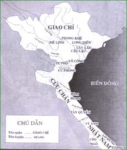 Lược đồ Âu Lạc thế kỷ I-III (Nhà Hán chia Âu Lạc thành ba quận là Giao Chỉ,Cửu Chân và Nhật Nam )
